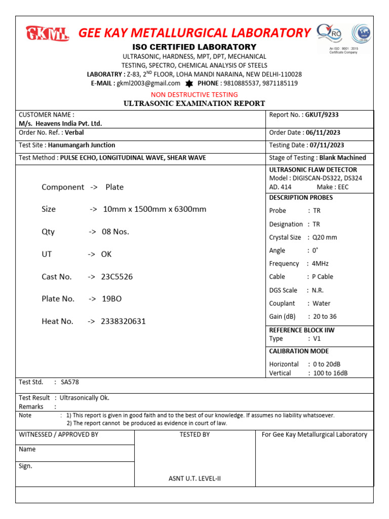 Ultrasonic Testing Report for Heavens India | PDF | Ultrasound ...