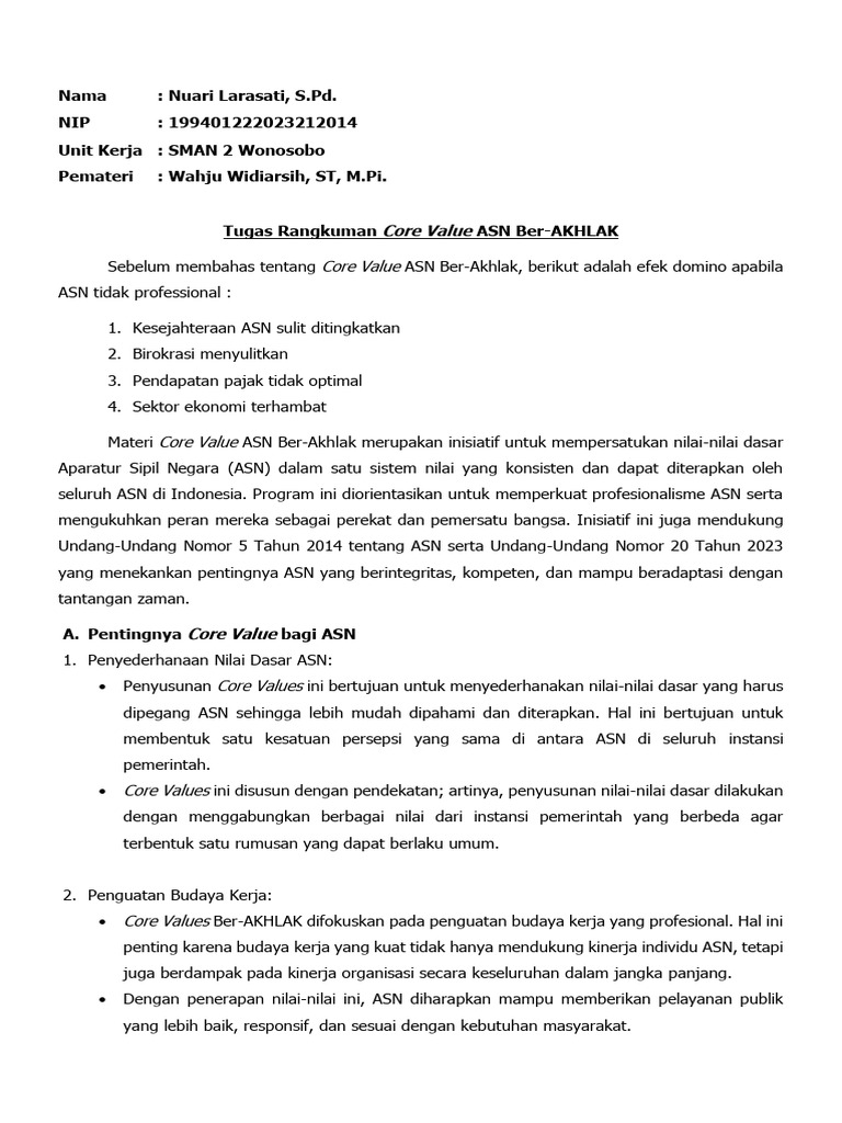 Core Value ASN Ber-AKHLAK dan Implementasinya | PDF
