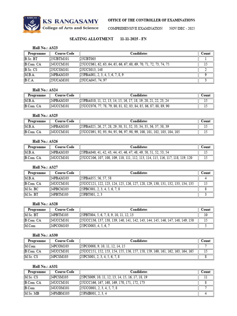 Nov/Dec 2025 Exam Seating Plan | PDF