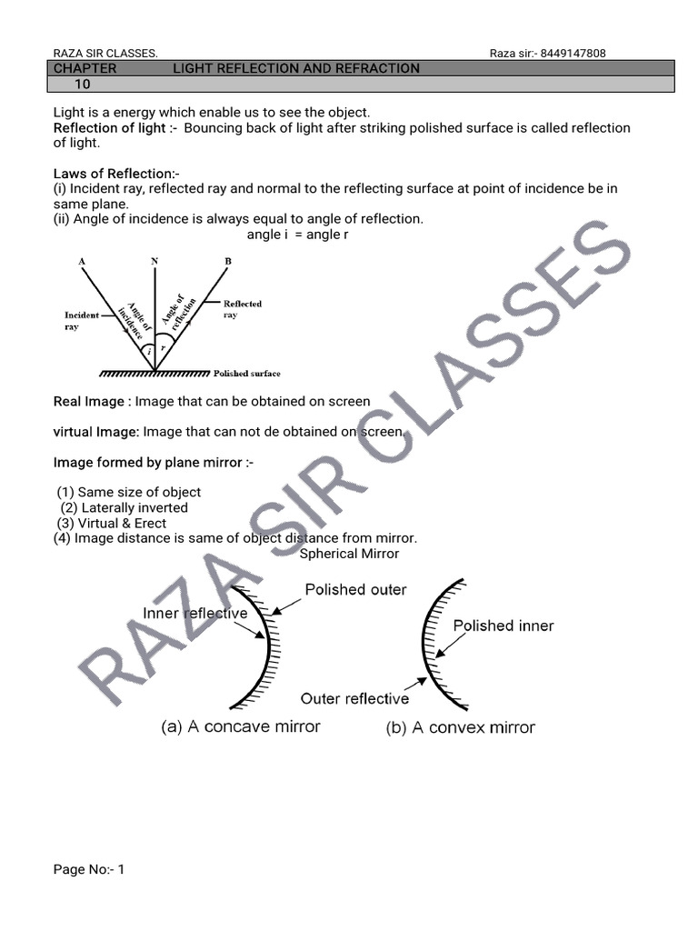 Light Reflection and Refraction Guide | PDF