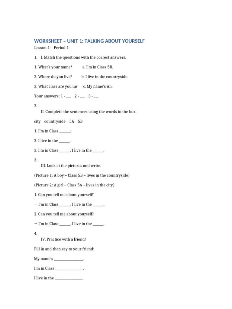 Self-Introduction Worksheet for Kids | PDF