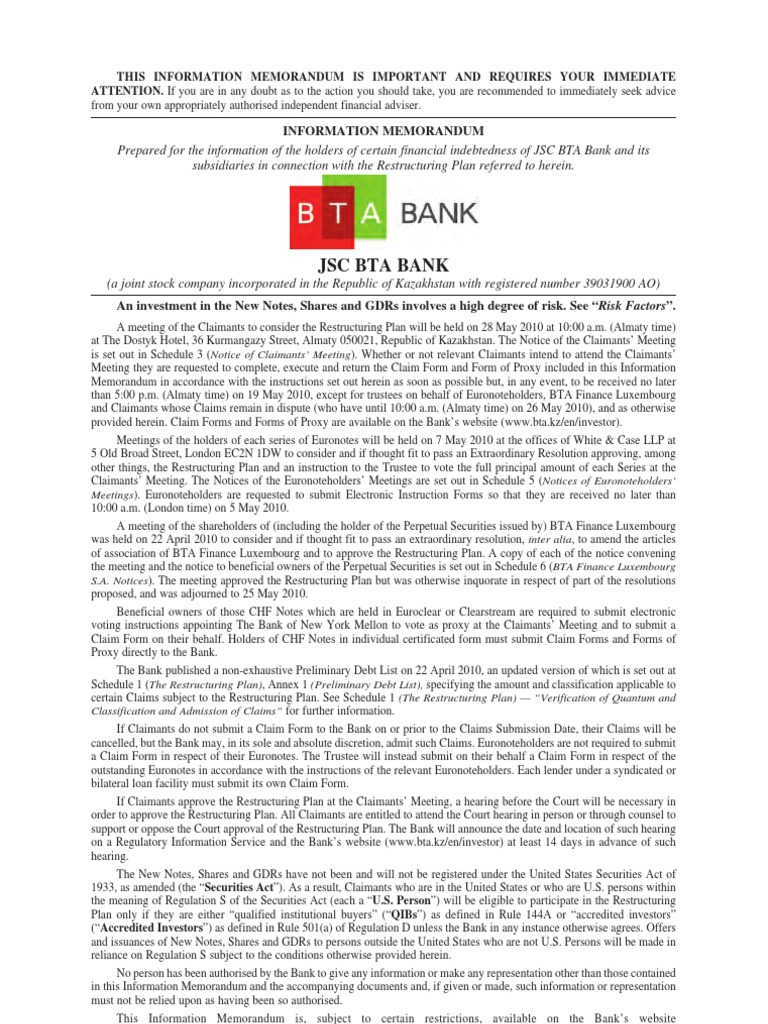 BTA Bank Restructuring Plan Details | PDF | Securities Act Of 1933 ...