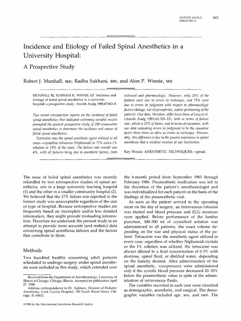 Failed Spinal Anesthesia Study Results | PDF | Anesthesia | Medical ...