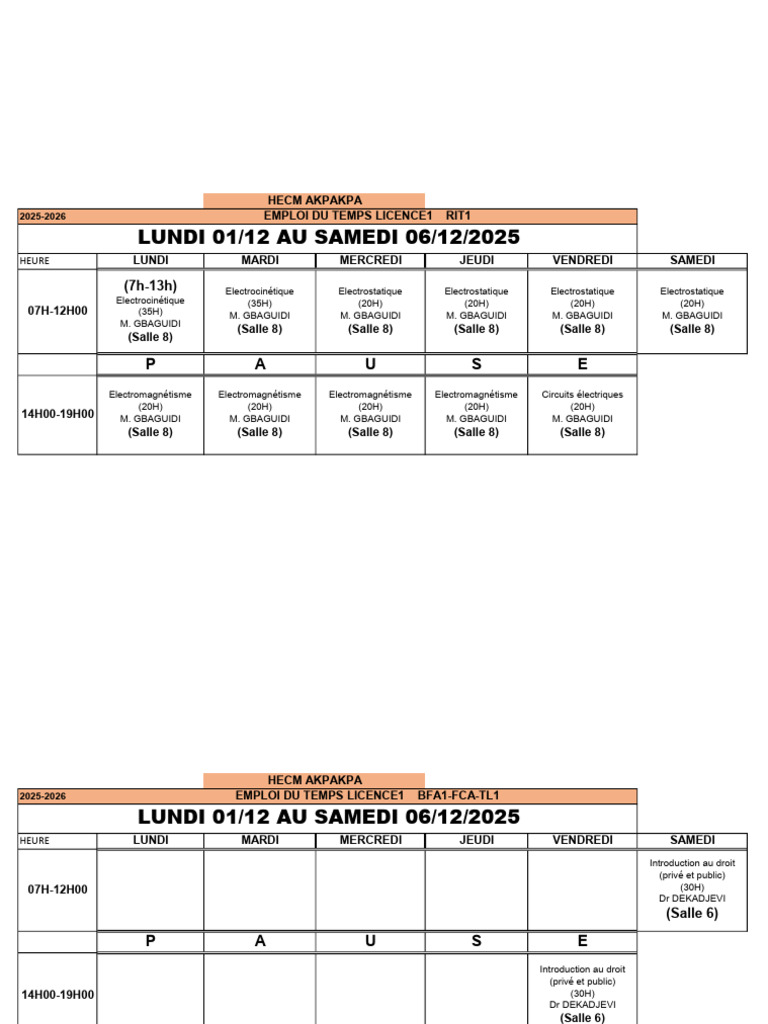 Emploi du temps Licence 1 2025-2026 | PDF | Électromagnétisme ...