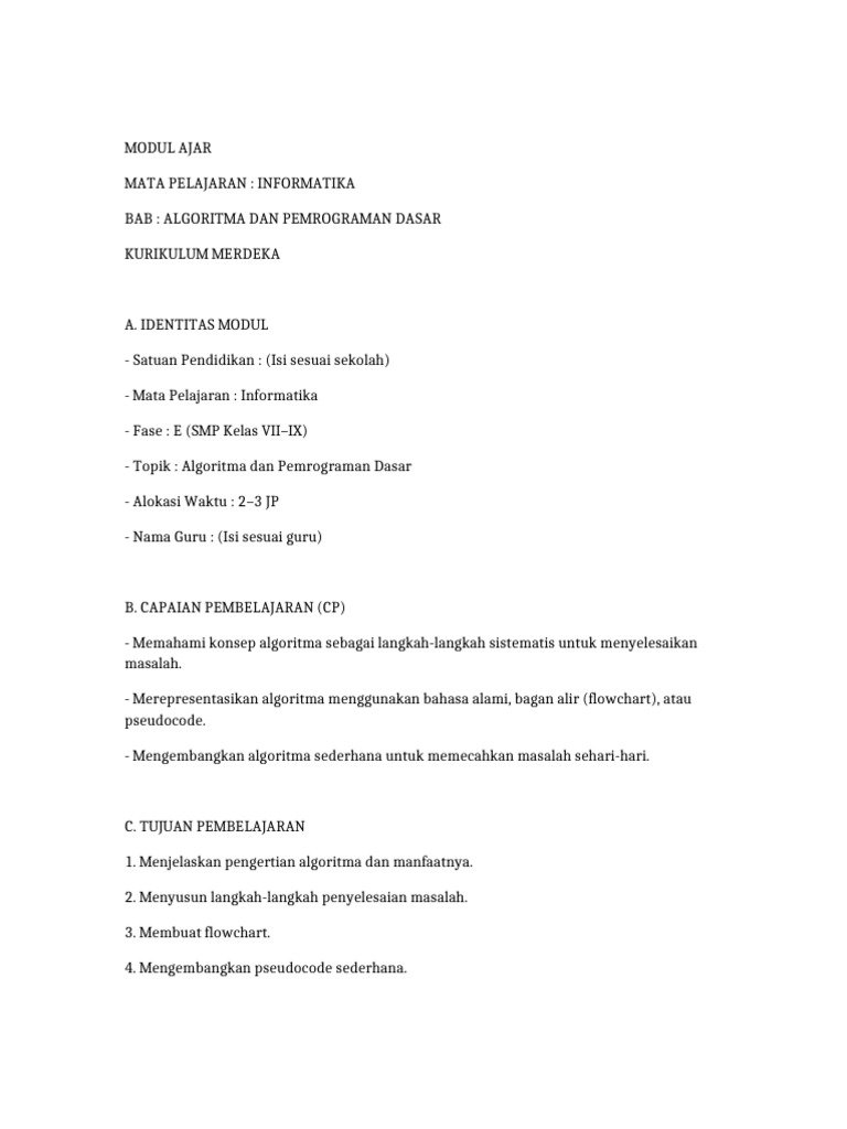 Modul Ajar Algoritma Informatika SMP | PDF