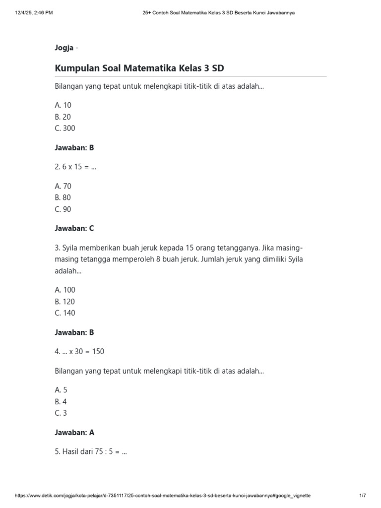Soal Matematika Kelas 3 SD dan Jawaban | PDF