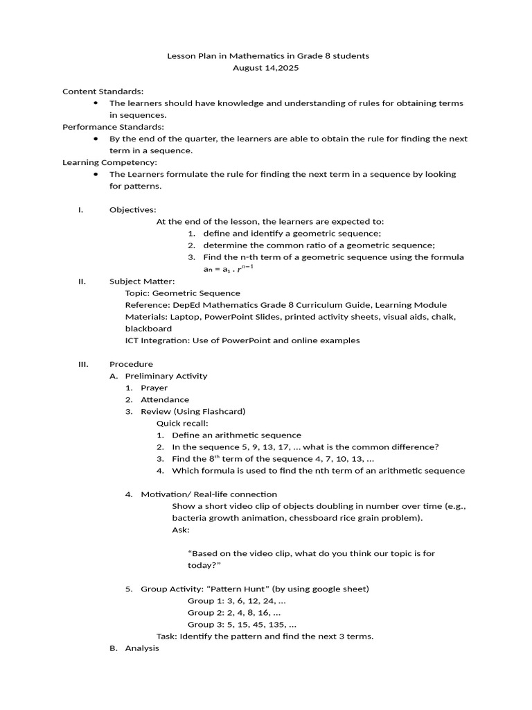 Grade 8 Geometric Sequence Lesson Plan | PDF | Sequence | Mathematics