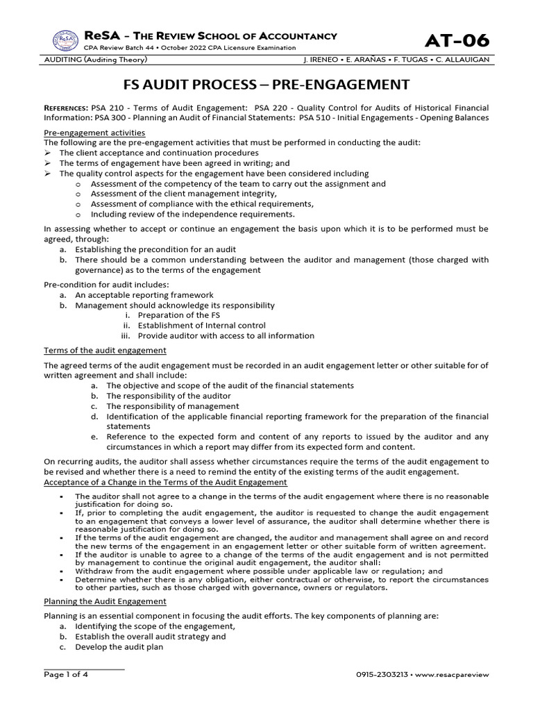 At-06 (FS Audit Process - Pre-Engagement) | PDF | Audit | Justice