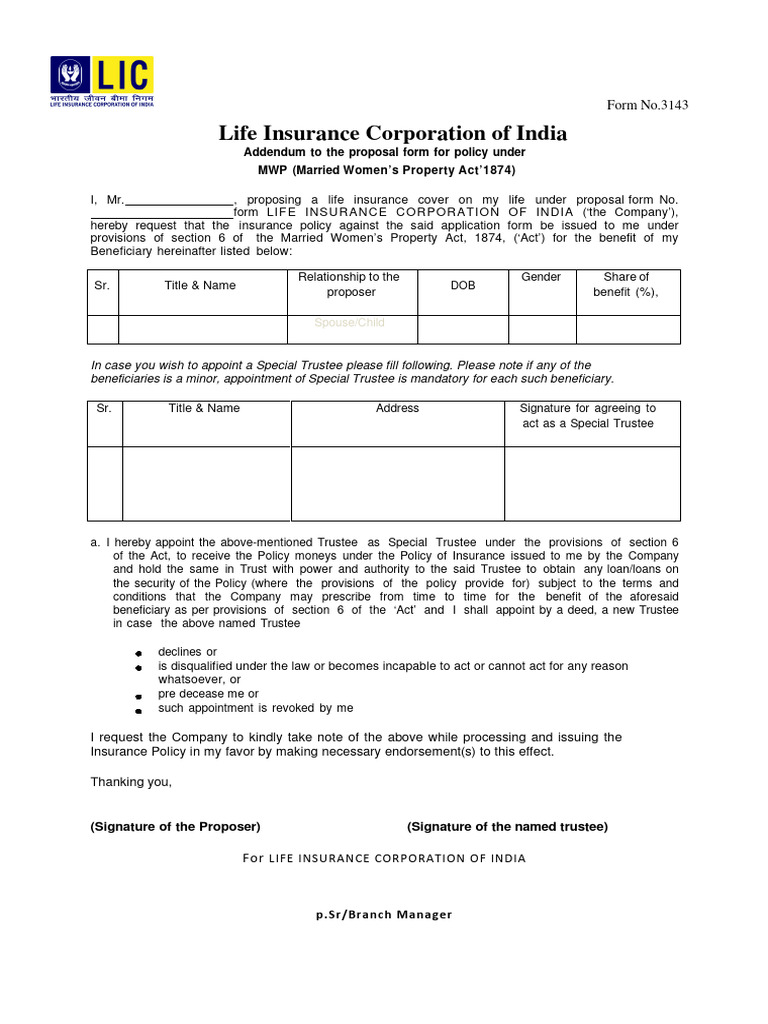 MWP Life Insurance Proposal Addendum | PDF | Insurance | Trustee