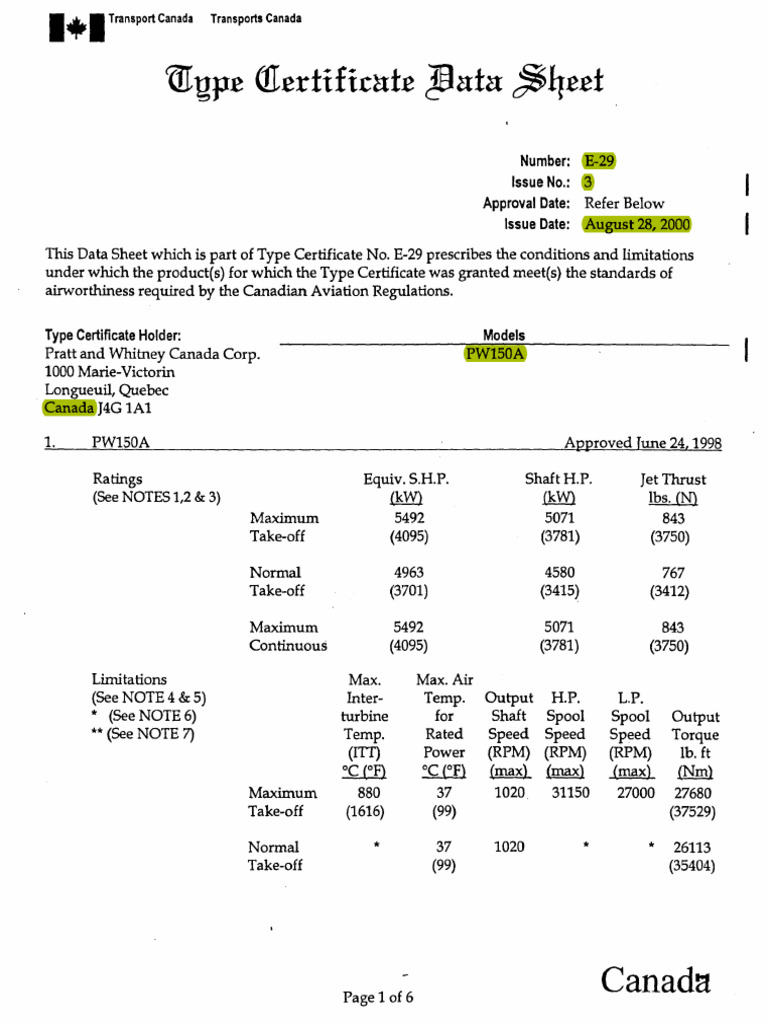 PW150A Engine Type Certificate E-29 Details | PDF | Propulsion | Engines