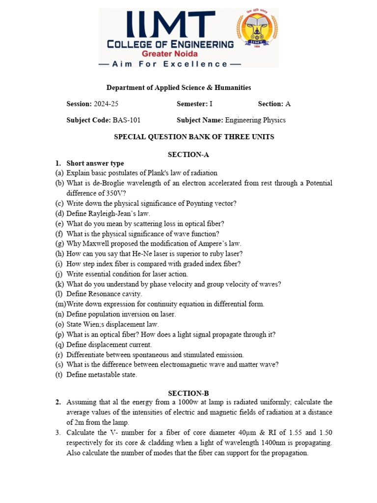 Engineering Physics Question Bank 2024-25 | PDF | Electromagnetic ...