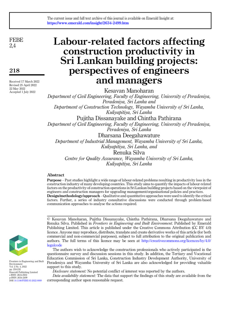 Labour Factors Impacting Sri Lankan Construction Productivity | PDF ...