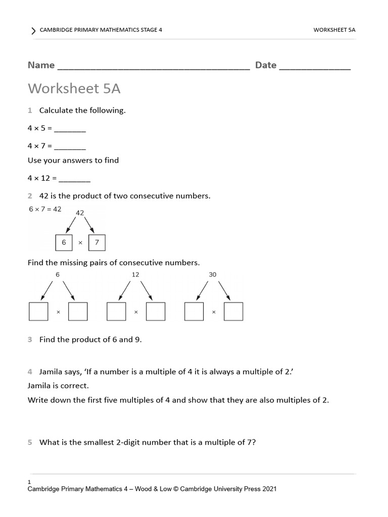 Cambridge Primary Math Stage 4 Worksheet | PDF