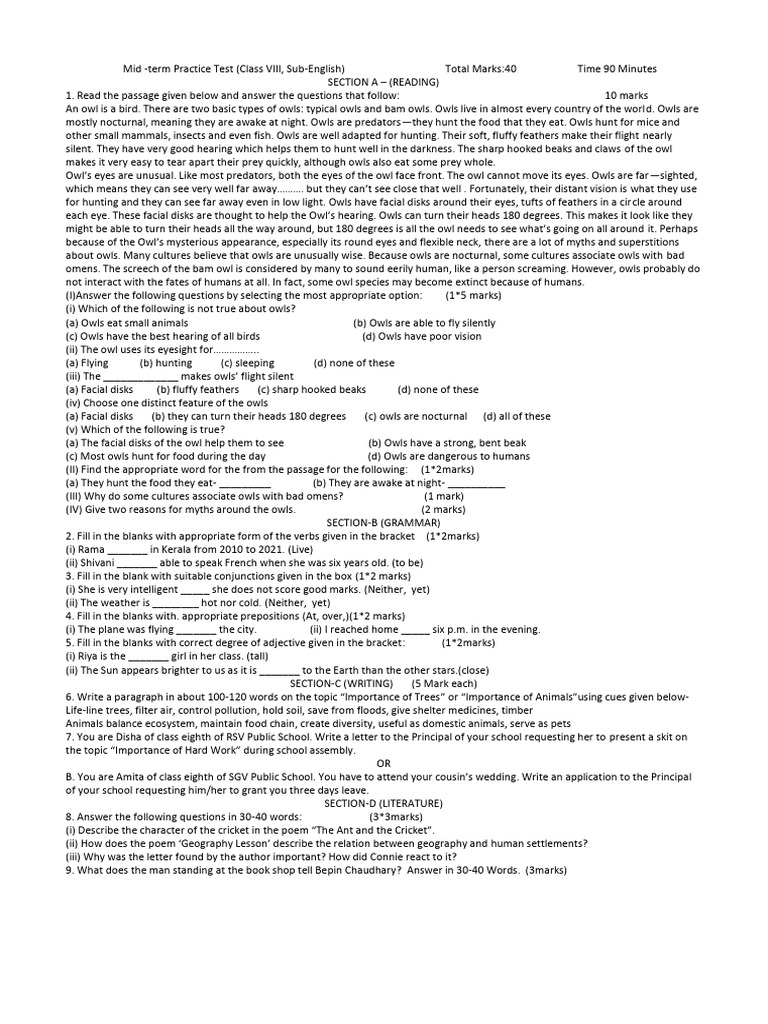 8th English Prep Exam | PDF | Owl | Predation
