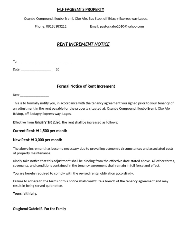 Rent Increment Notice for Lagos Property | PDF