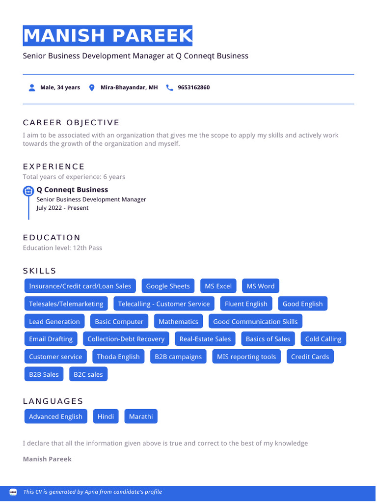 Manish Pareek Resume Apna | PDF
