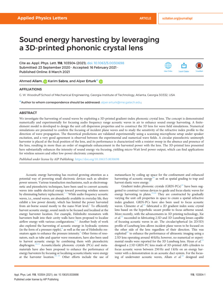 3D-Printed Phononic Crystal Lens for Sound Energy Harvesting | PDF ...