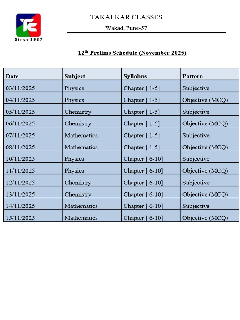 12th Prelims Schedule November 2025 | PDF