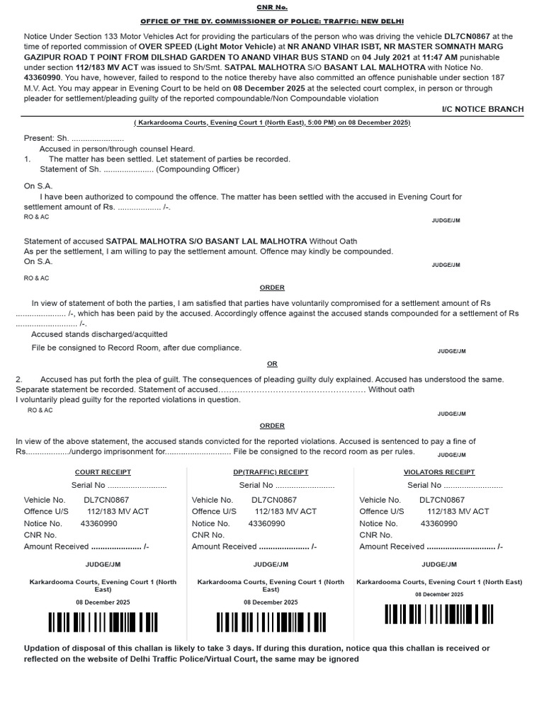 Over Speeding Violation Notice - DL7CN0867 | PDF | Plea | Crime & Violence