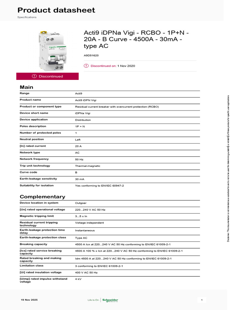 Acti9 iDPN Vigi RCBO 20A Specifications | PDF | Alternating Current ...
