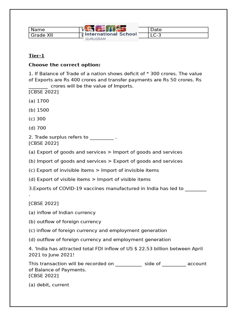 Grade XII Balance of Payments Worksheet | PDF | Balance Of Payments ...