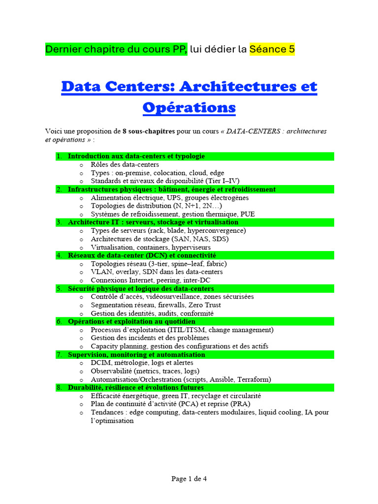 Cours sur Data Centers : Architectures et Opérations | PDF | Centre de ...