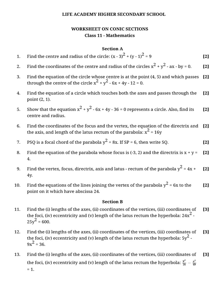 Worksheet on Conic Sections | PDF | Differential Geometry | Analytic ...