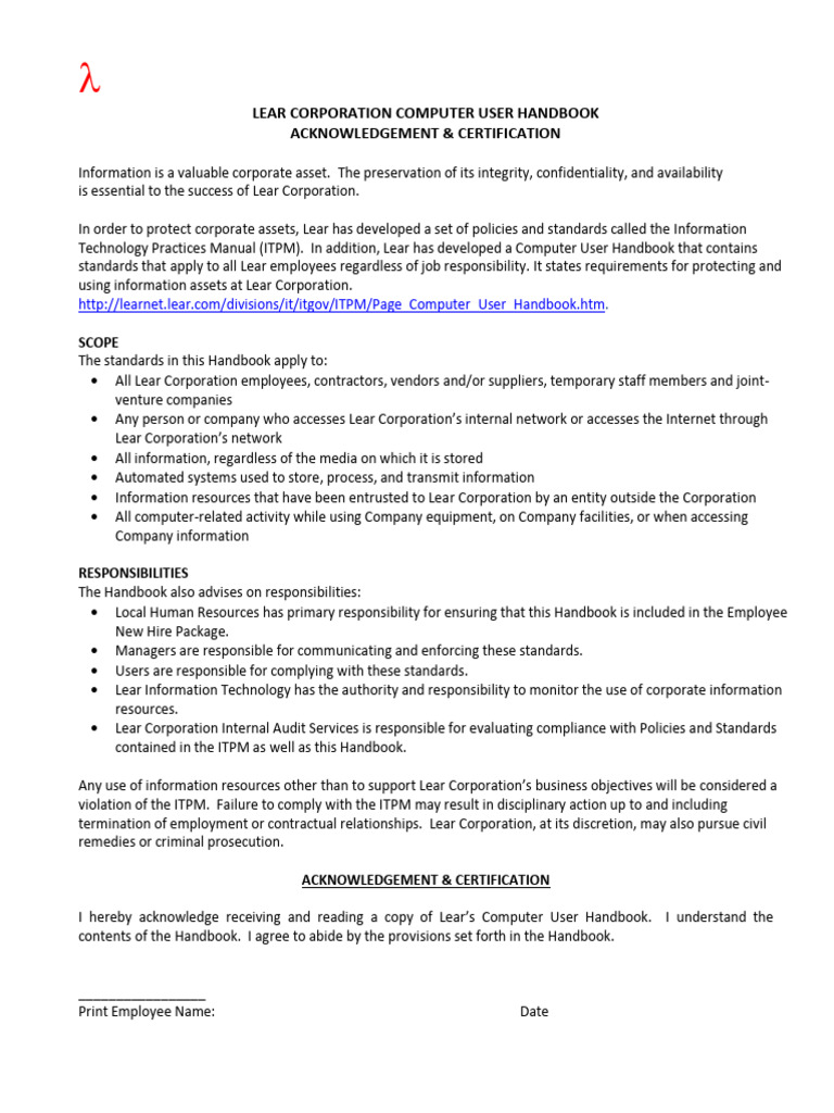 Lear Corporation User Handbook Acknowledgment | PDF | Information ...