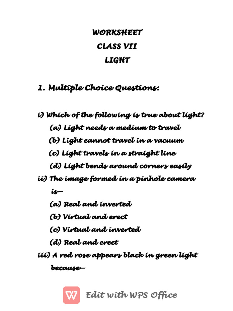 Class VII Light Worksheet: MCQs & Answers | PDF | Mirror | Applied And ...