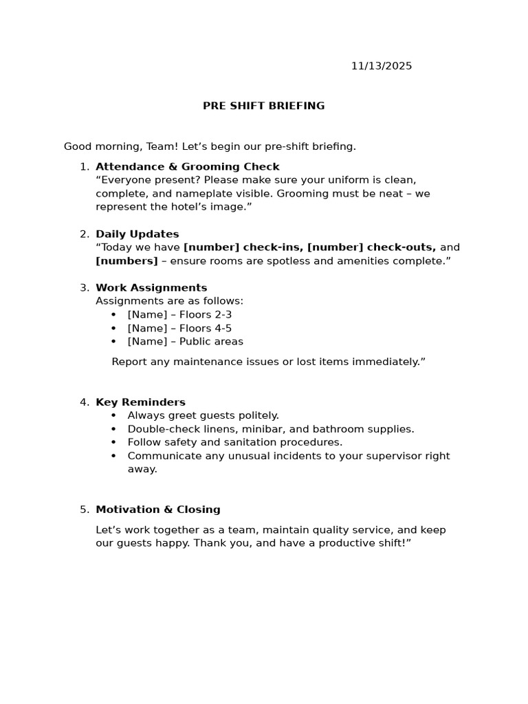 Pre-Shift Briefing Guidelines for Staff | PDF