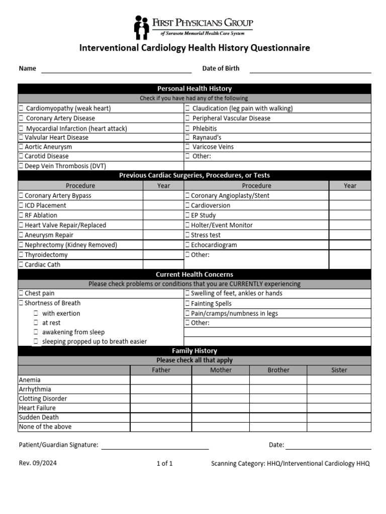 Interventional Cardiology Health History Questionnaire Rev. 9.2024 ...