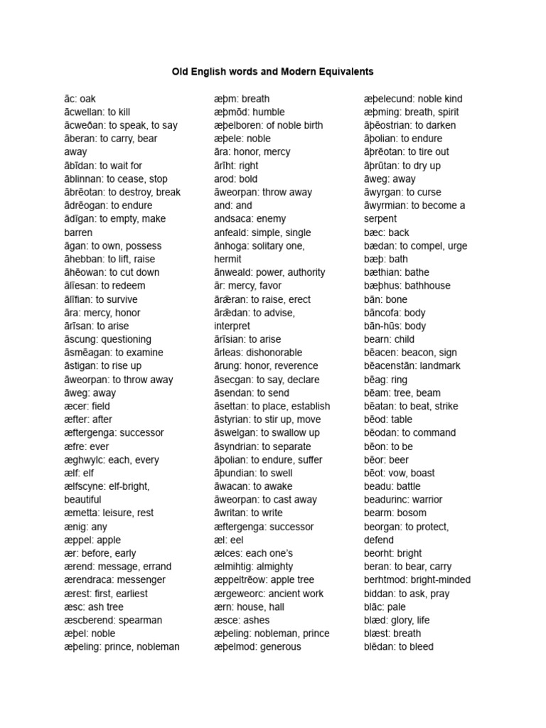Old English Words and Their Meanings | PDF