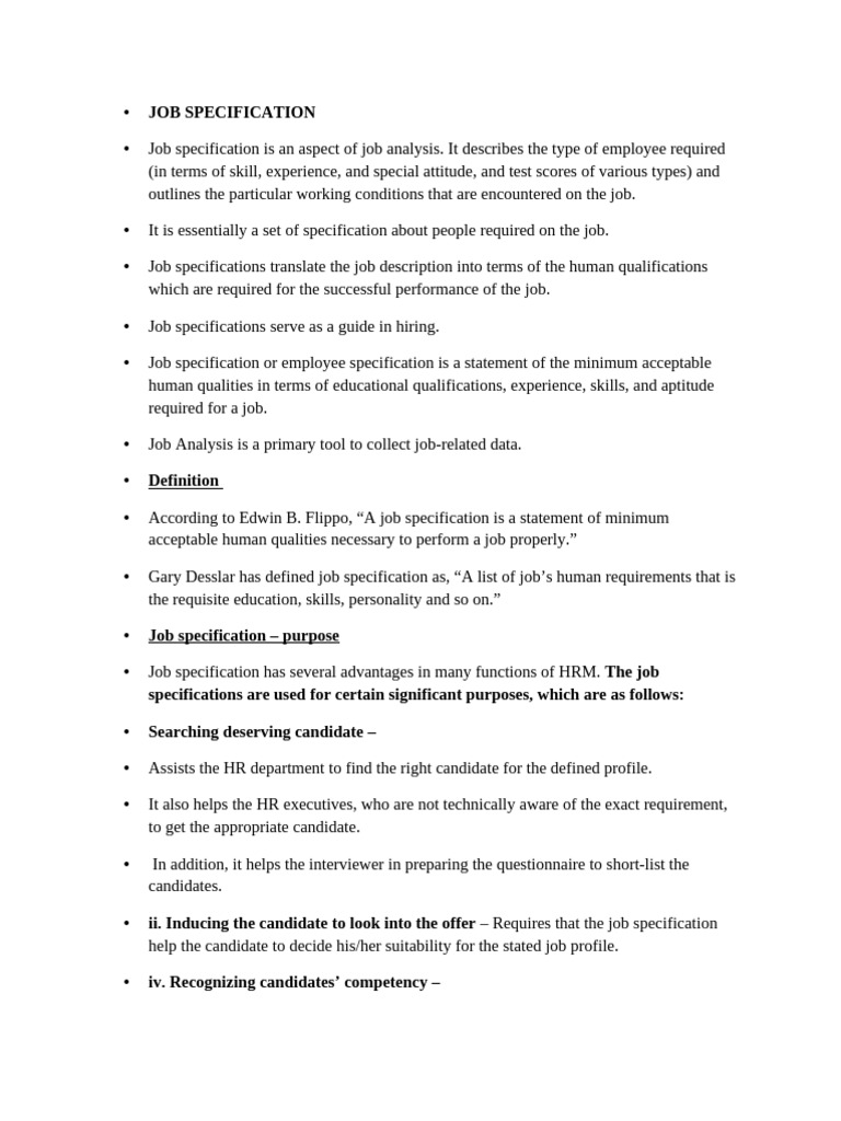Job Specification: Key Elements & Benefits | PDF | Recruitment ...