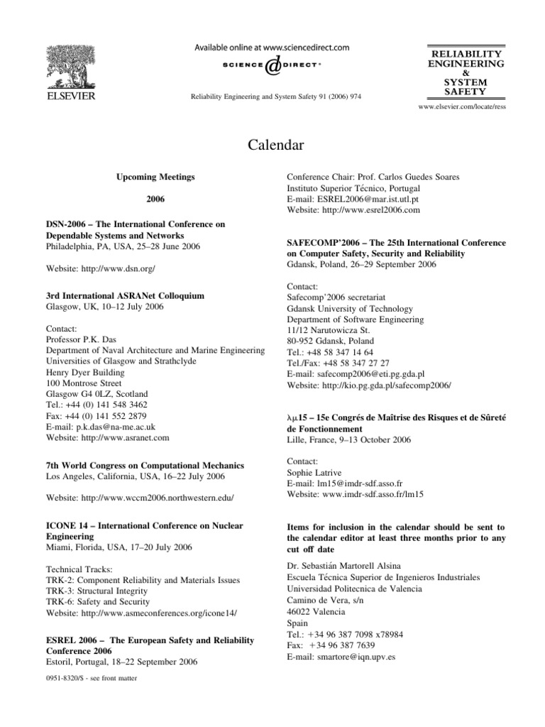 Calendar_2006_Reliability-Engineering---System-Safety | PDF | Engineering