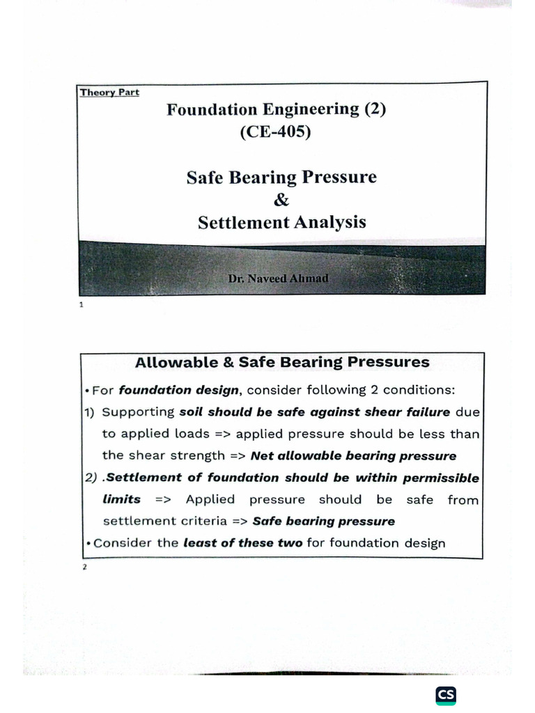 Safe Bearing Pressure and Settlement Analysis | PDF