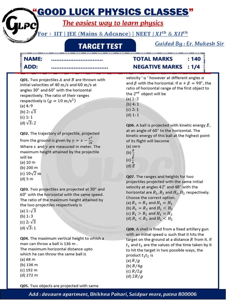 Physics Class Test Questions & Solutions | PDF | Projectiles | Physics