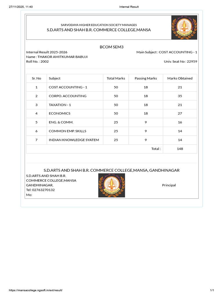 BCOM Sem 3 Internal Result 2025-2026 | PDF