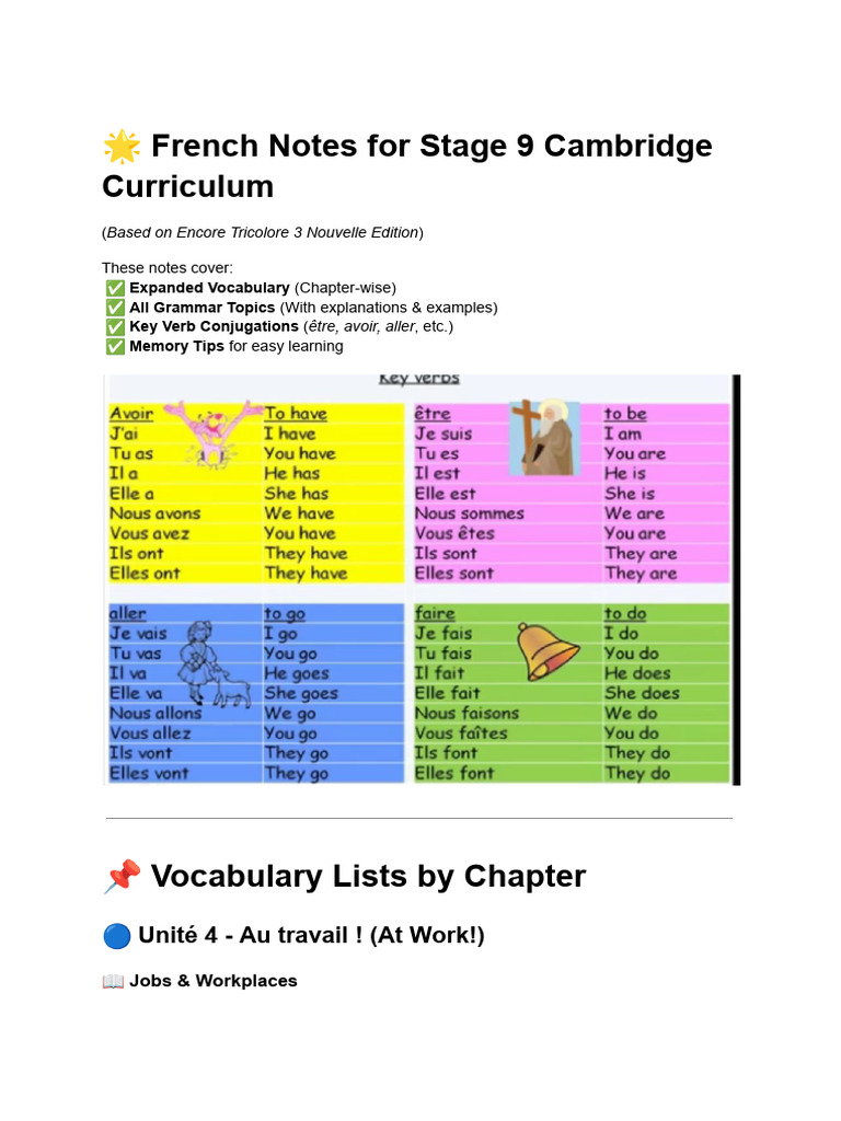 Notes de Français pour le Stage 9 Cambridge | PDF