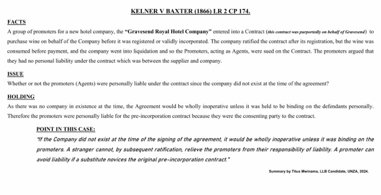 Kelner v Baxter (1866) Lr 2 Cp 174- Case Summary._page_1 | PDF
