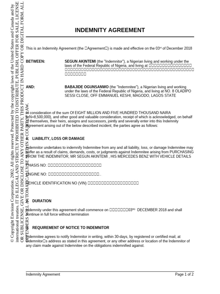 Indemnity Agreement for Vehicle Purchase | PDF | Indemnity | Business Law
