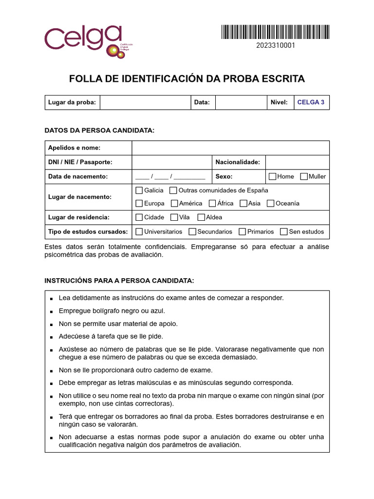 Proba Escrita Celga3 Maio2023 | PDF