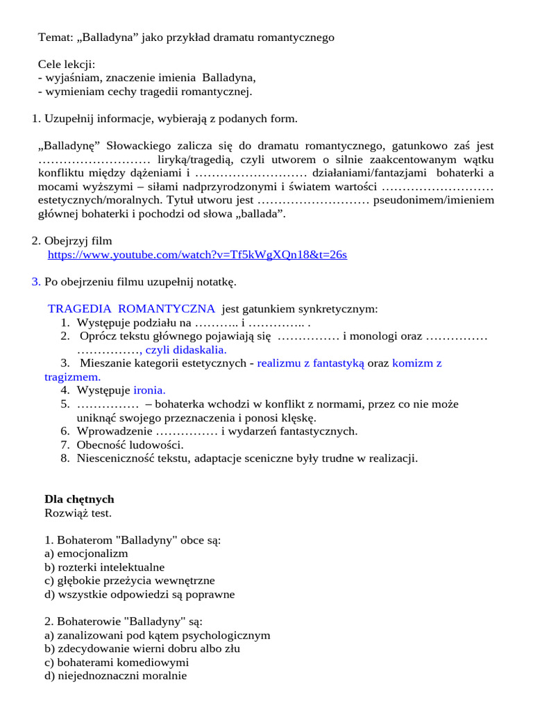 Balladyna" Jako Przykład Dramatu Romantycznego Kl. 7c | PDF