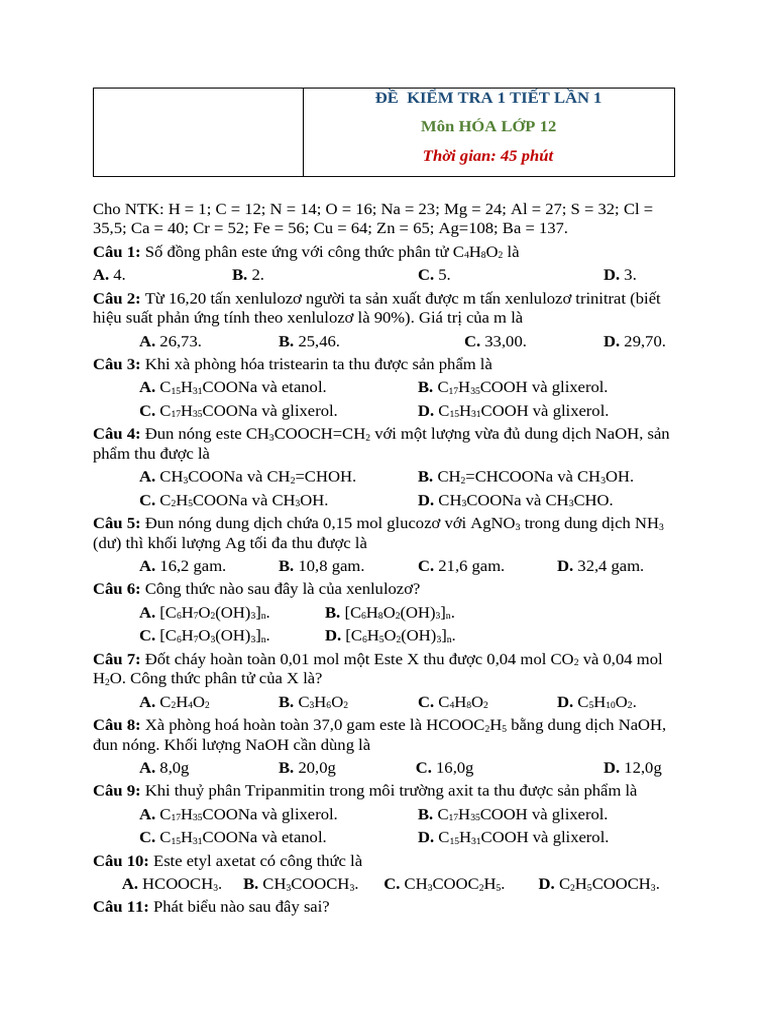 Đề Ktra 1 Tiết Lần 1 Có Đa | PDF