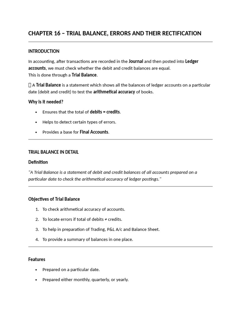 Trial Balance and Error Rectification Guide | PDF | Debits And Credits ...