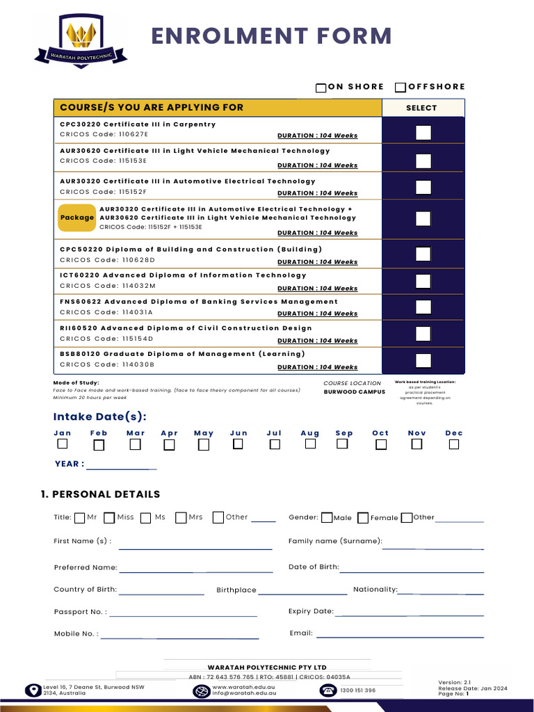 Waratah Polytechnic Enrolment Form | PDF | Academic Degree | Disability