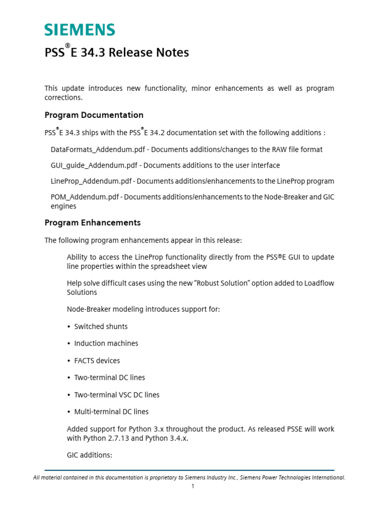 PSS®E 34.3 Release Notes Summary | PDF | Spreadsheet | Simulation