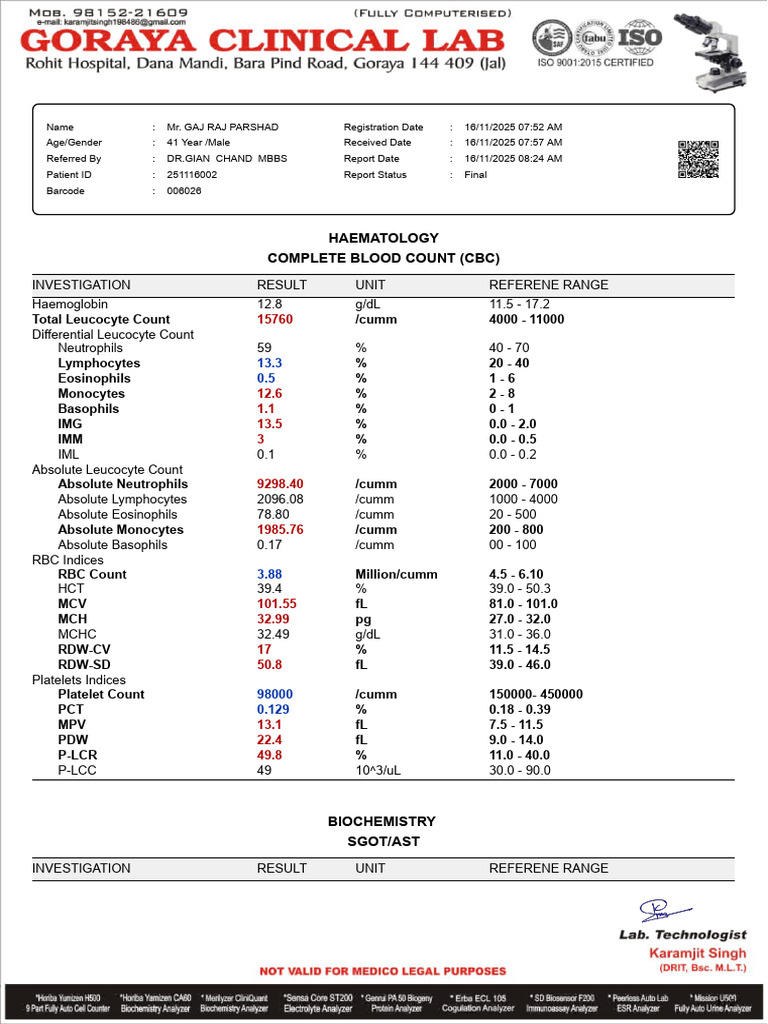 CBC and Liver Function Test Report | PDF | White Blood Cell | Immunology