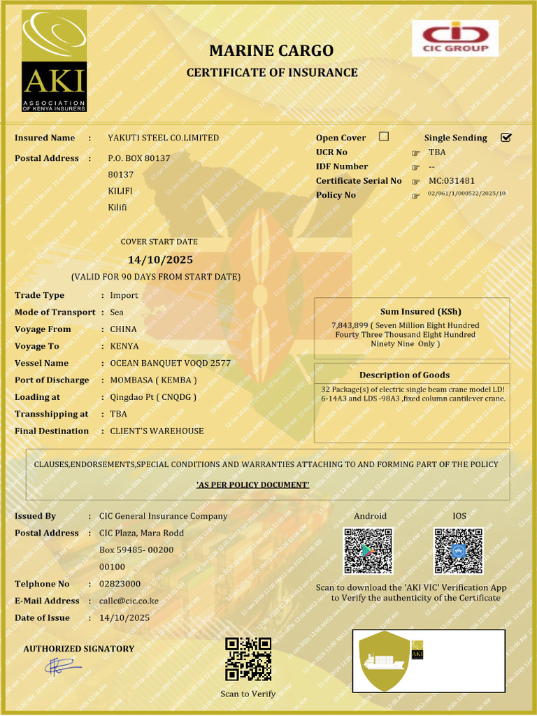 Marine Cargo Insurance Certificate | PDF | Ships | Freight Transport