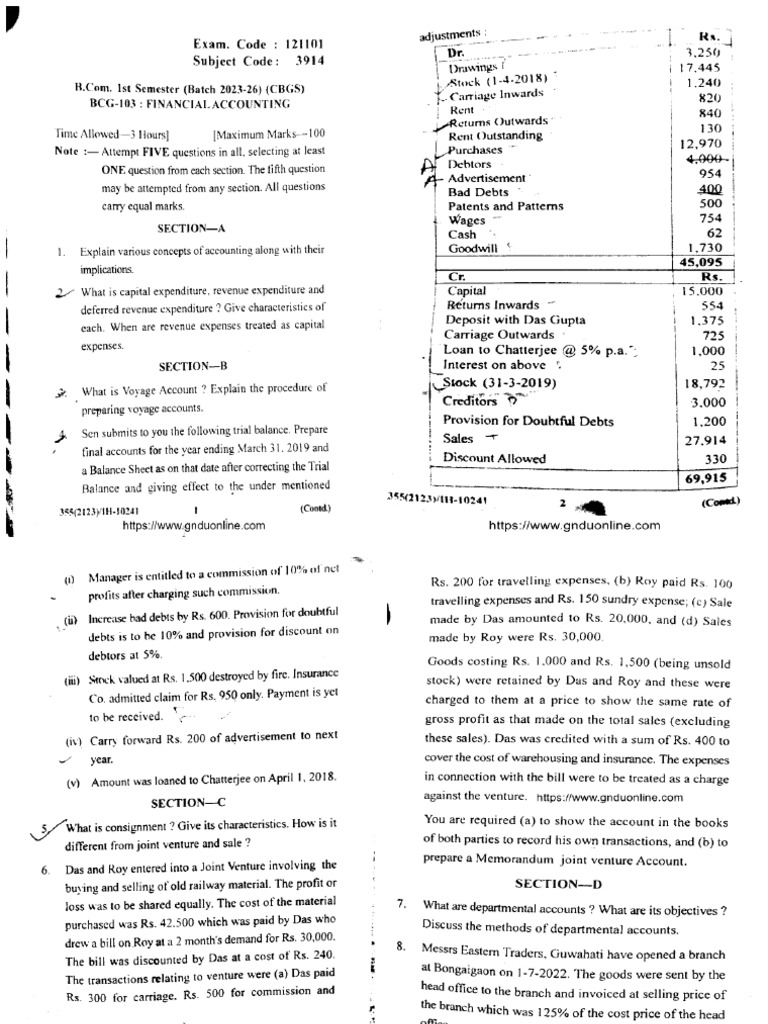 Bcom 1 Sem Financial Accounting 3914 2023 | PDF