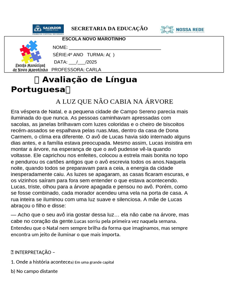 Avaliação de Língua Portuguesa 4º Ano | PDF | Natal | Gramática